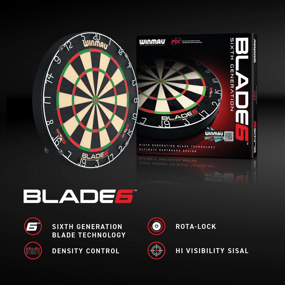 Kompletni pikado set Winmau, tabla Blade 6, okvir, 2 seta strelica,linija i checkout karta - Slika 7